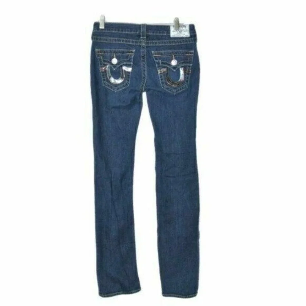 True Religion Rainbow Sequin Pocket Straight Jeans size 27 embellished back flap
